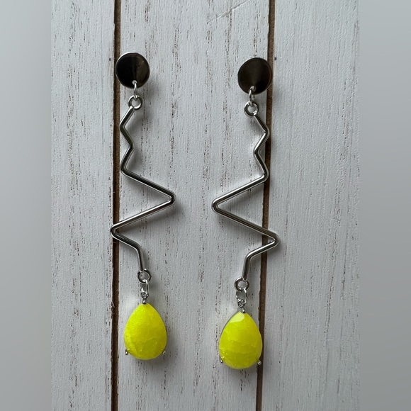 Minimalist Retro Silver & Yellow Earrings - Mid-Century Long Statement Earrings - Picture 11 of 15